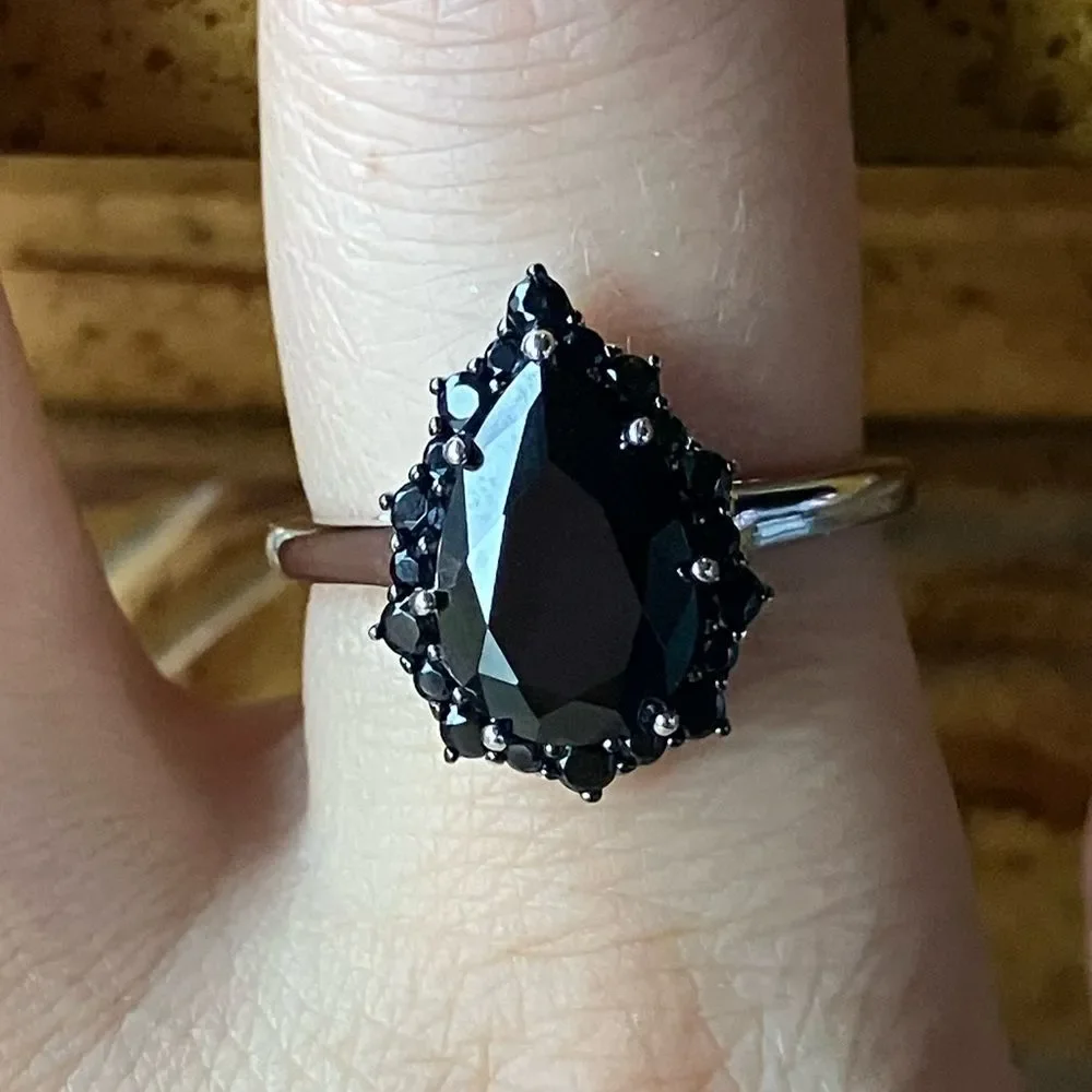 Natural Black Spinel Sterling Silver Teardrop Ring Size 9